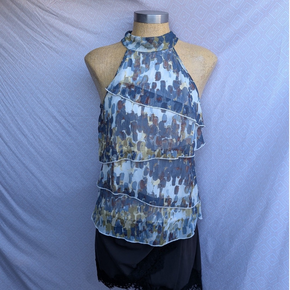 B-Wear Byer California Blouse Womens Medium Blue Multi Excellent Tiered Halter
